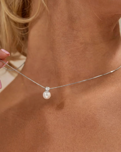 Imitation Pearl and Zirconia Pendant Necklace, Silver-Tone