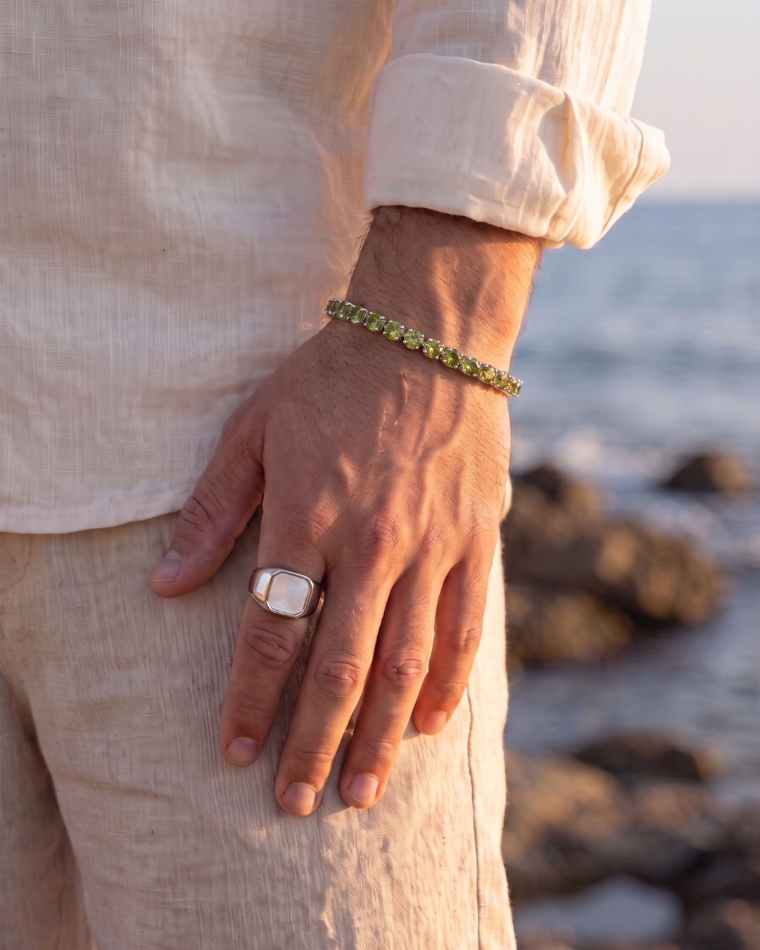 Men’s Olive Green Zirconia Tennis Bracelet, 6 mm, White Gold-Plated