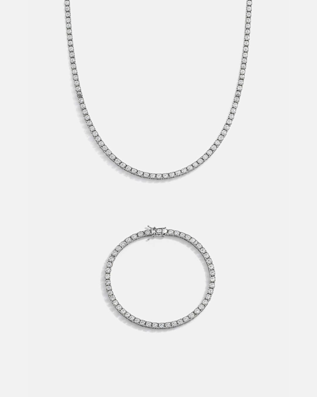 Clear Zircon Tennis Necklace and Bracelet Set, 4 mm, White-Gold-Plated