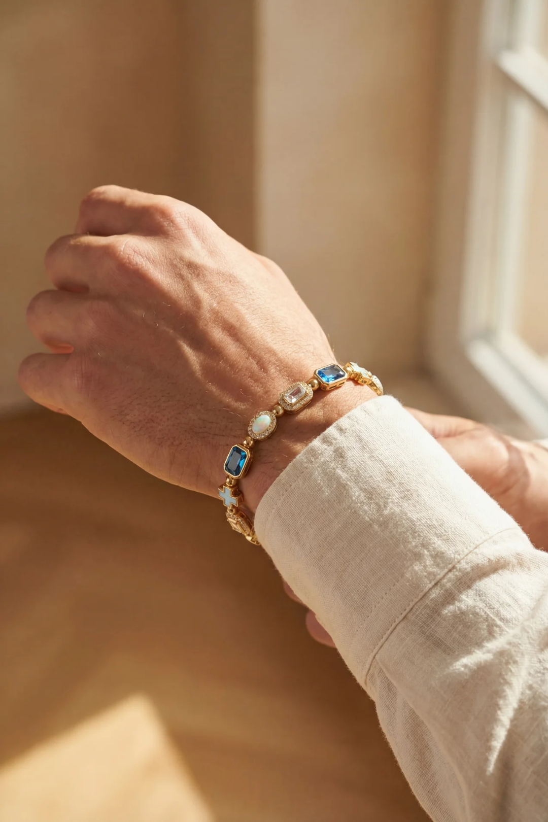 Men’s Blue and Clear Mosaic Bracelet, 6 mm, 18K Gold-Plated — Royal Azure