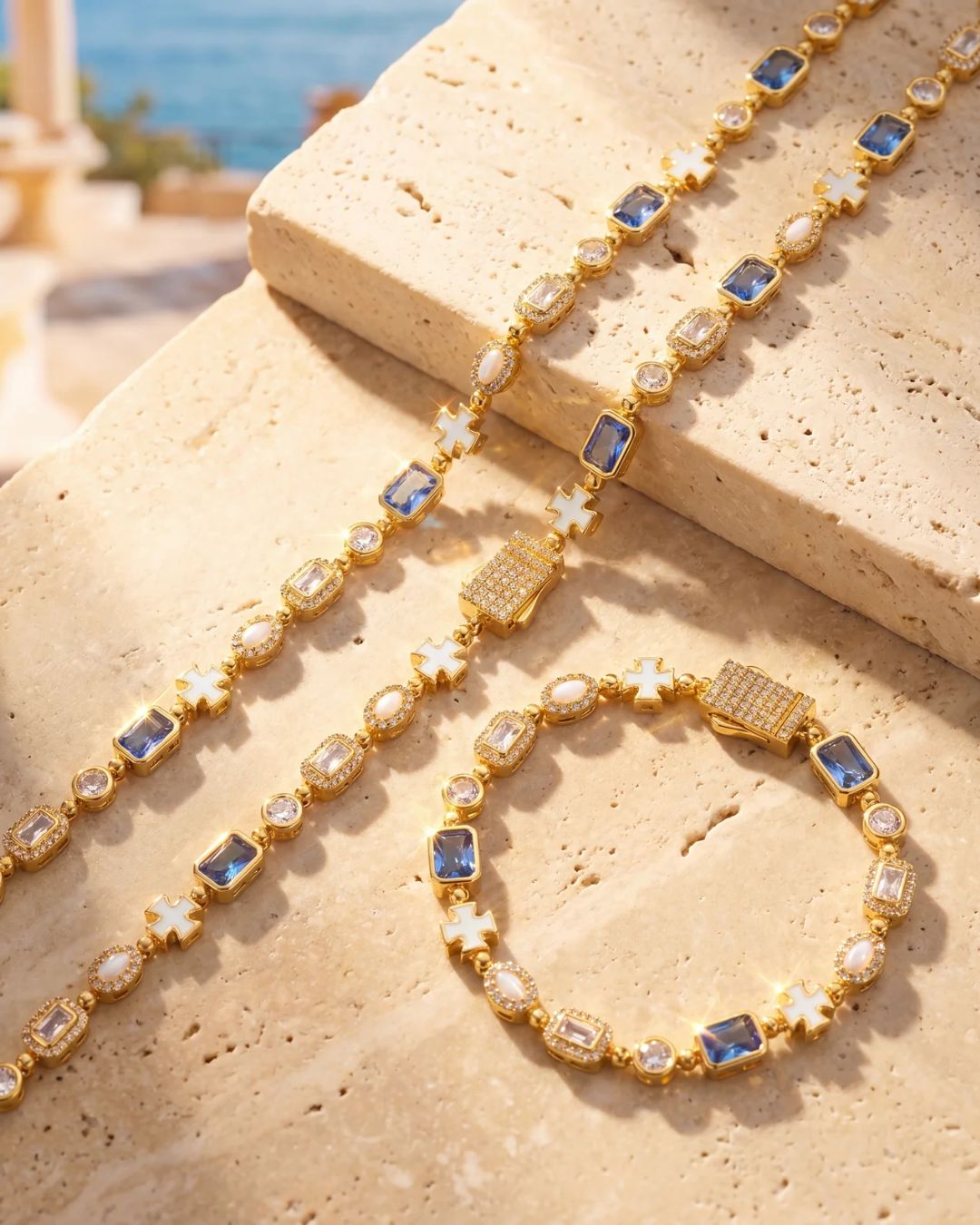 Men’s Blue and Clear Mosaic Bracelet, 6 mm, 18K Gold-Plated — Royal Azure