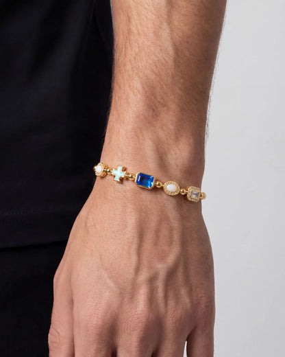 Men’s Blue and Clear Mosaic Bracelet, 6 mm, 18K Gold-Plated — Royal Azure
