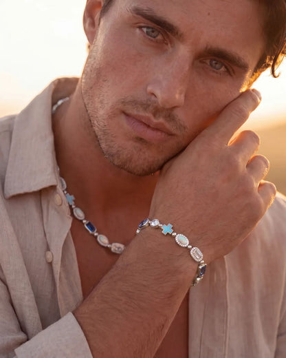 Men’s Blue and Clear Mosaic Bracelet, 6 mm, Silver-Tone — Royal Azure