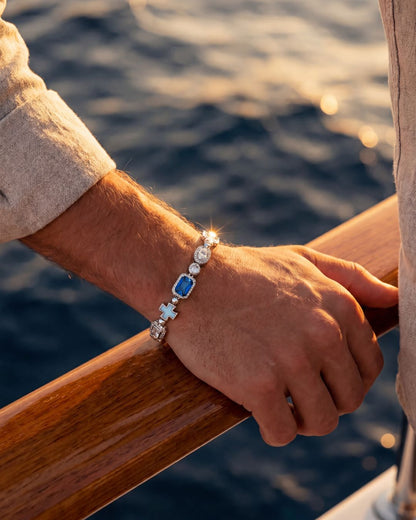 Men’s Blue and Clear Mosaic Bracelet, 6 mm, Silver-Tone — Royal Azure