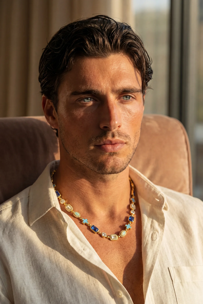 Men’s Blue and Clear Mosaic Necklace, 6 mm, 18K Gold-Plated — Royal Azure