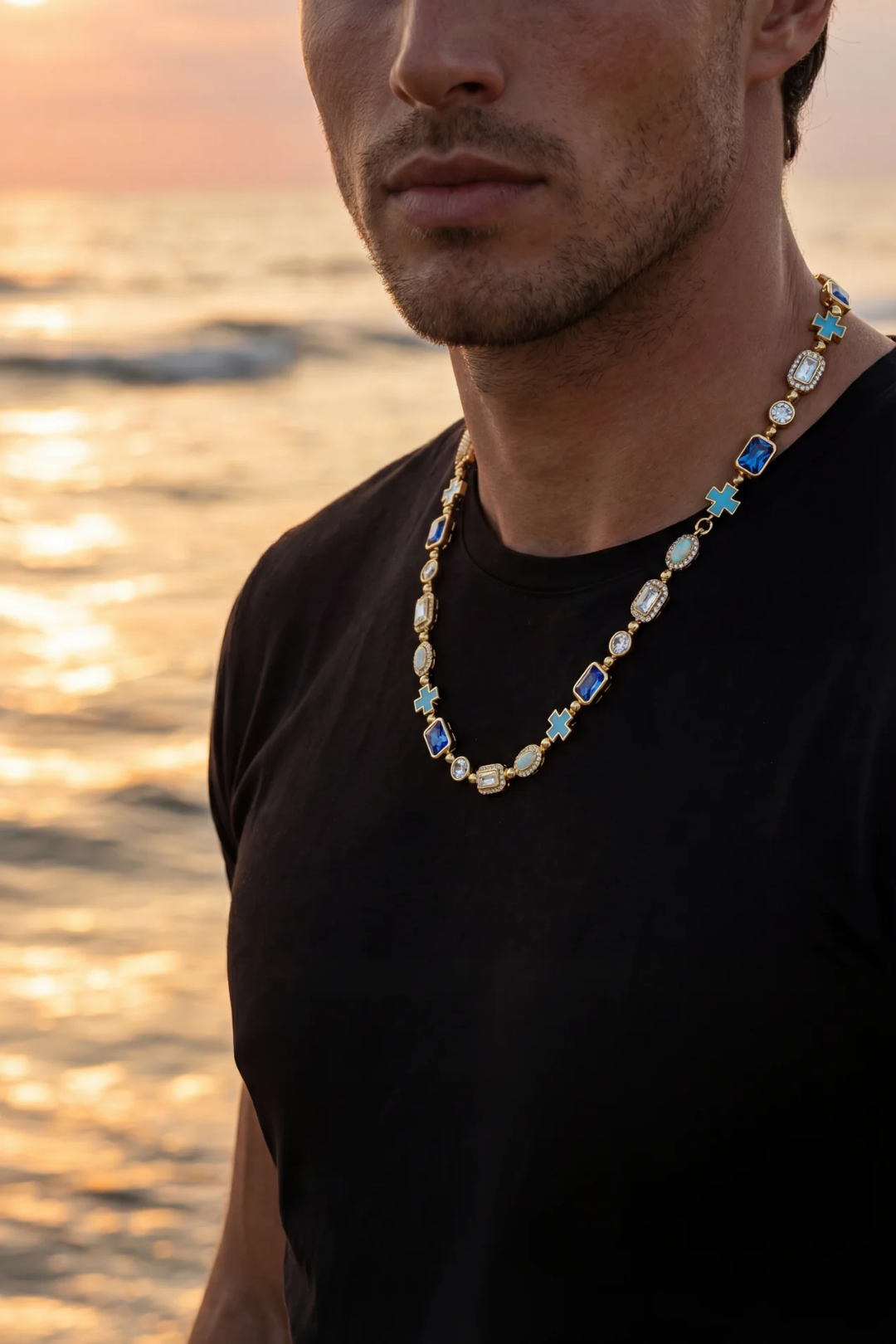 Men’s Blue and Clear Mosaic Necklace, 6 mm, 18K Gold-Plated — Royal Azure