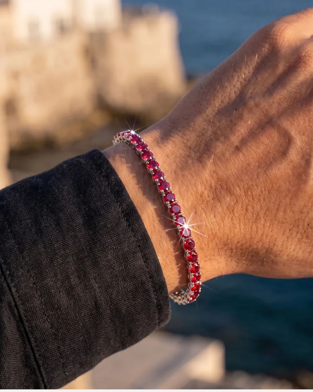 Men’s Red Moissanite Tennis Bracelet, 4 mm, 925 Sterling Silver