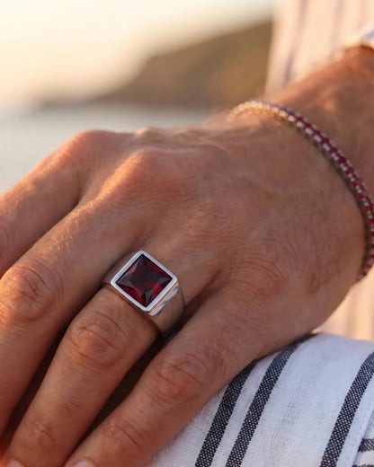 Men’s Red Zirconia Square Signet Ring, Silver-Tone
