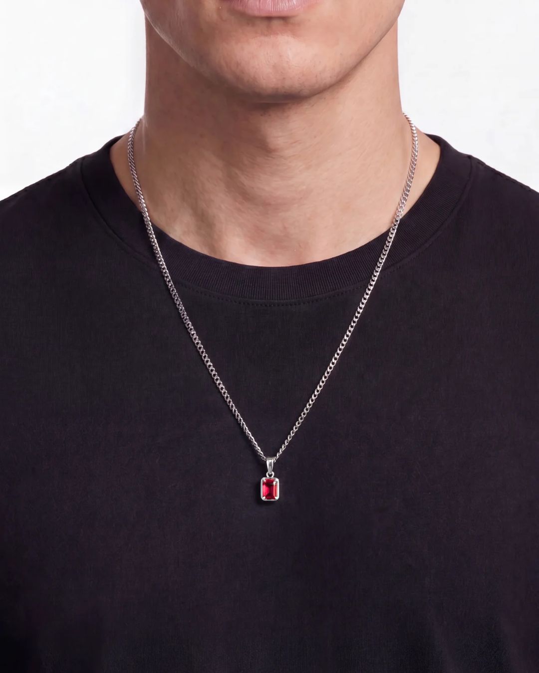 Men’s 1 ct Lab-Grown Ruby Pendant Necklace, 925 Silver Pendant