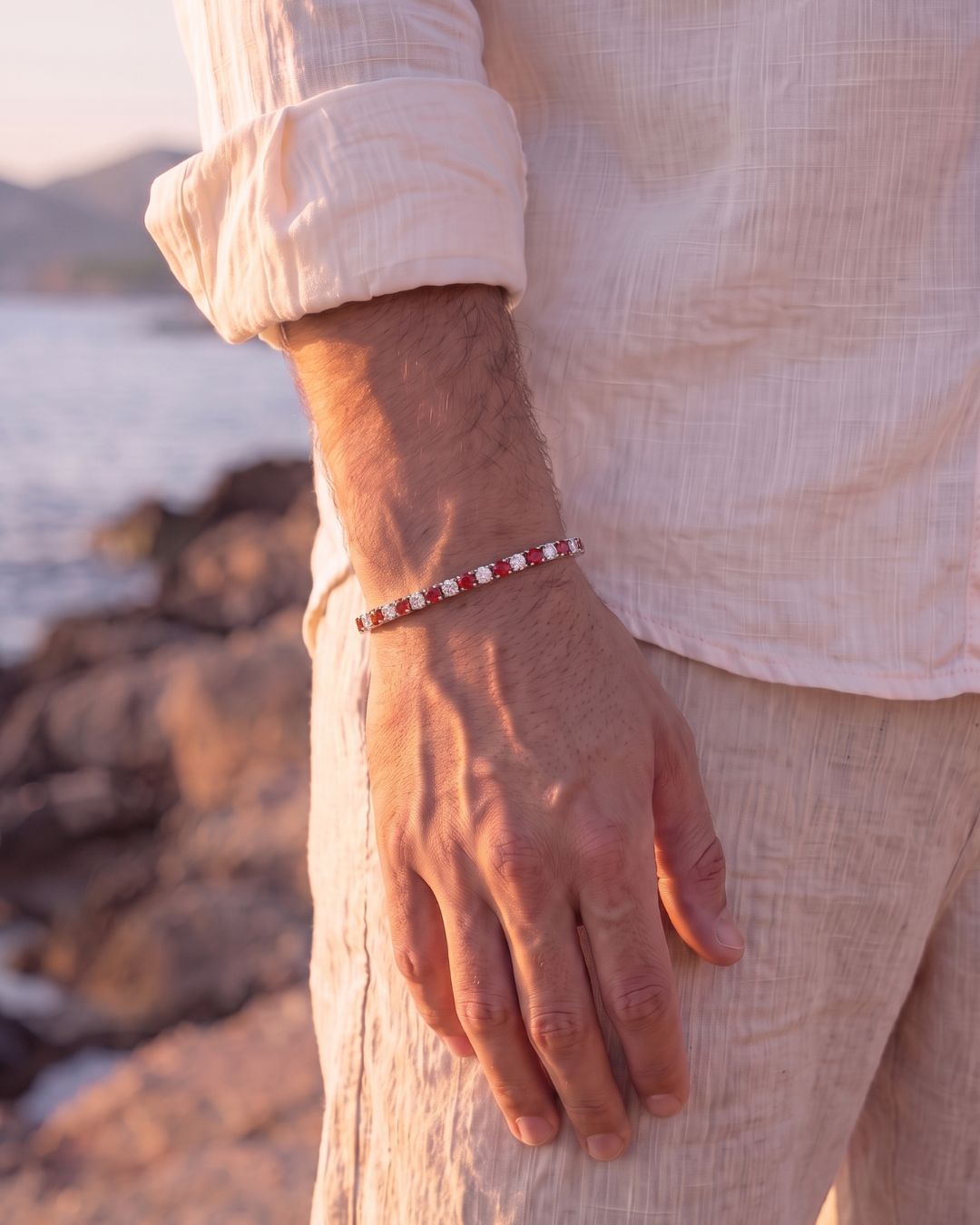 Men’s Red and Clear Zirconia Tennis Bracelet, 4 mm, Stainless Steel