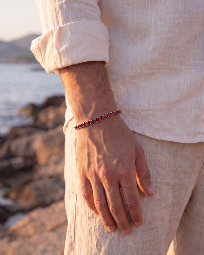 Men’s Red Zirconia Tennis Bracelet, 4 mm, Silver-Tone Steel