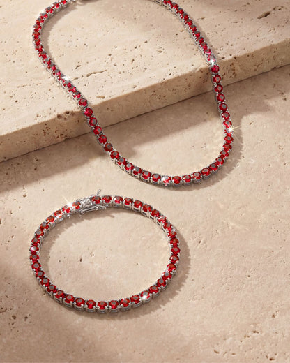 Red Zircon Tennis Necklace and Bracelet Set, 4 mm, White-Gold-Plated