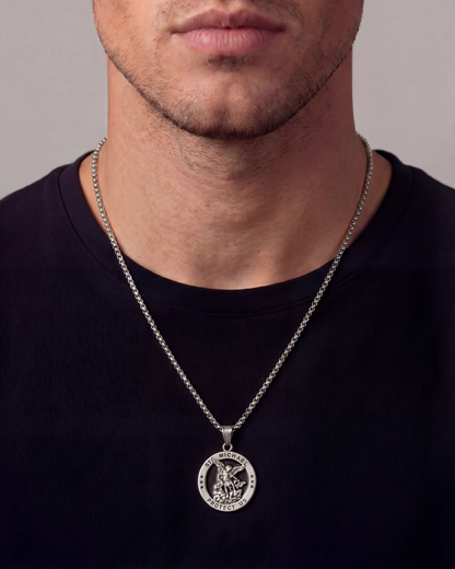 Saint Michael Medallion Necklace, Silver-Plated Steel
