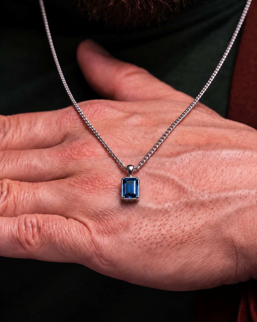 Men’s 2 Carat Lab-Grown Sapphire Pendant Necklace, 925 Silver