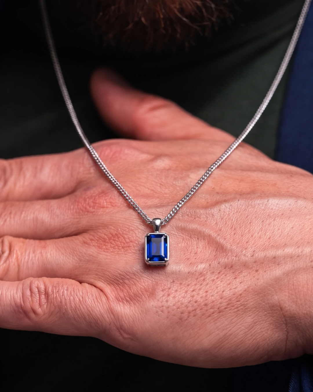 Men’s 1 ct Lab-Grown Sapphire Pendant Necklace, 925 Silver Pendant