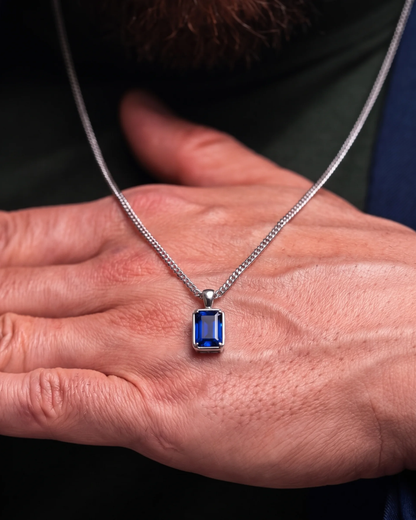 Men’s 1 ct Lab-Grown Sapphire Pendant Necklace, 925 Silver Pendant