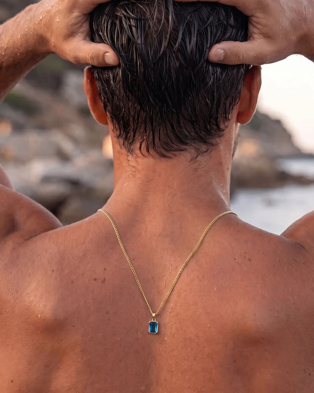 Men’s 1 Carat Lab-Grown Sapphire Pendant Necklace, 18K Gold-Plated