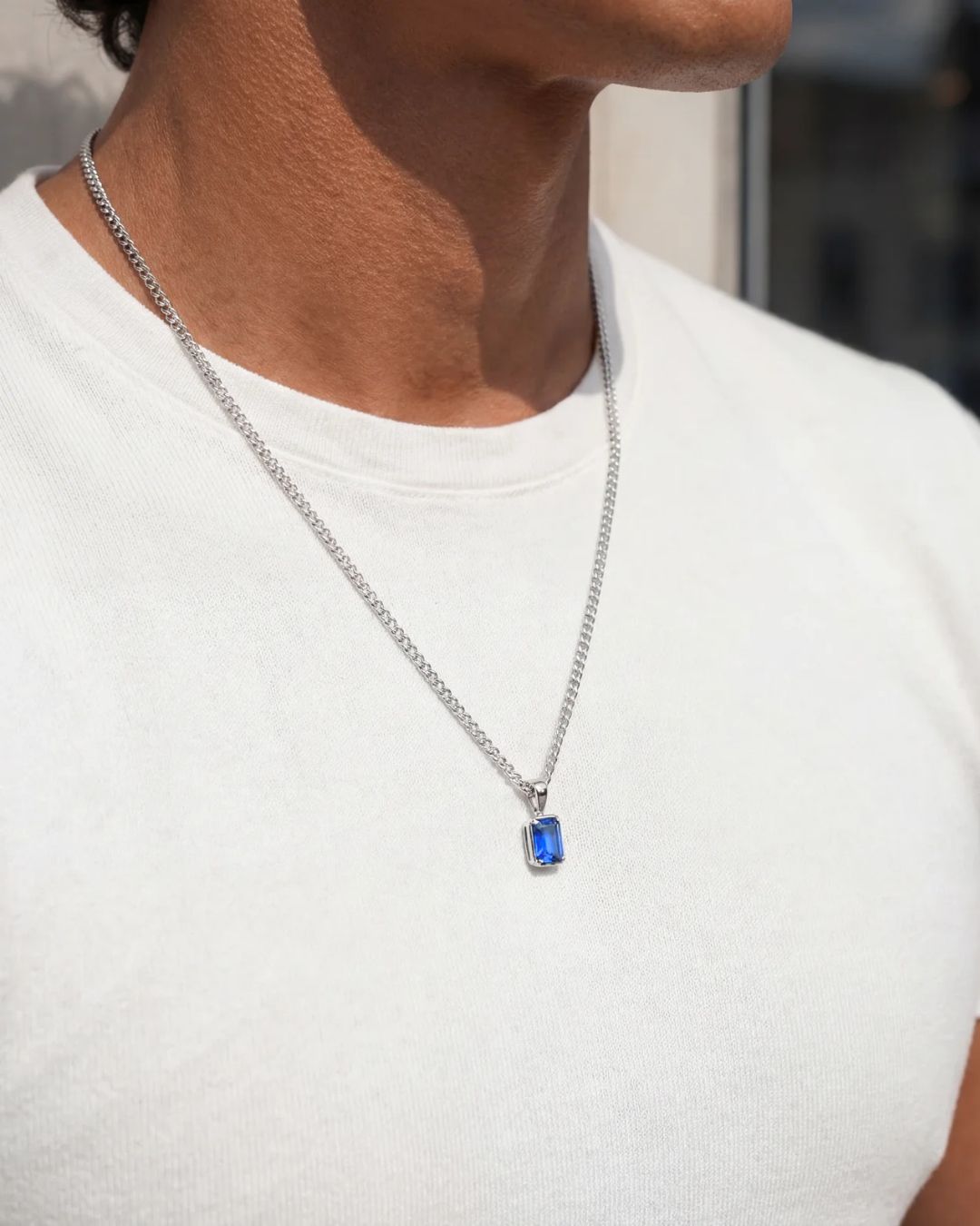 Men’s 1 ct Lab-Grown Sapphire Pendant Necklace, 925 Silver Pendant