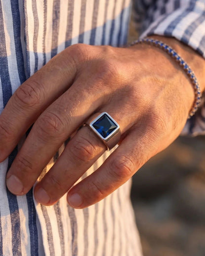 Men’s Blue Zirconia Square Signet Ring, Silver-Tone