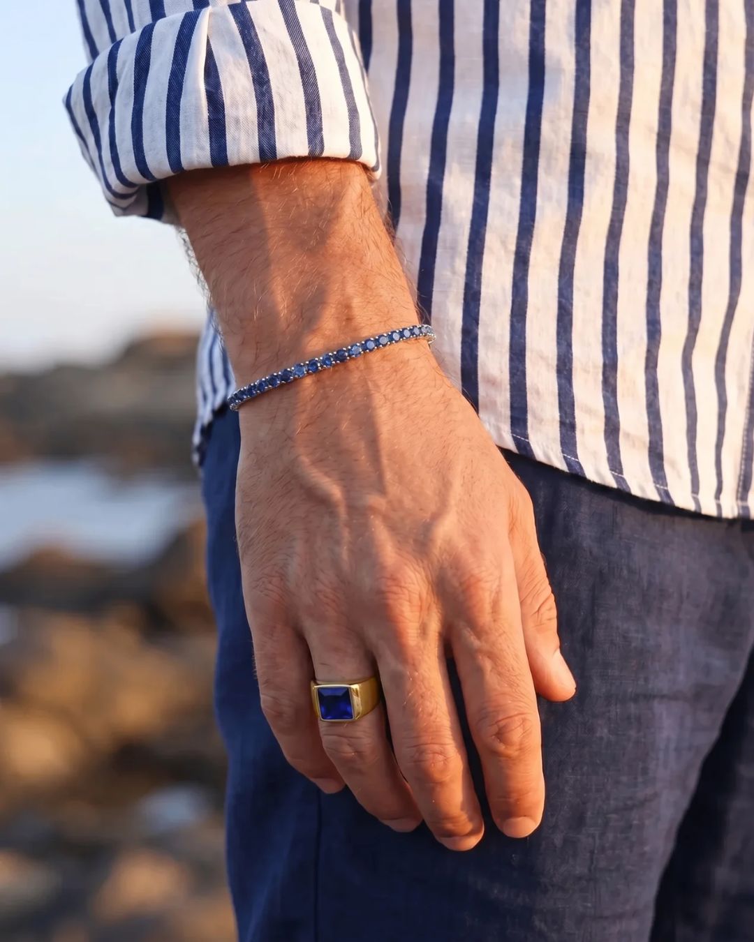 Men’s Blue Zirconia Square Signet Ring, Gold-Tone