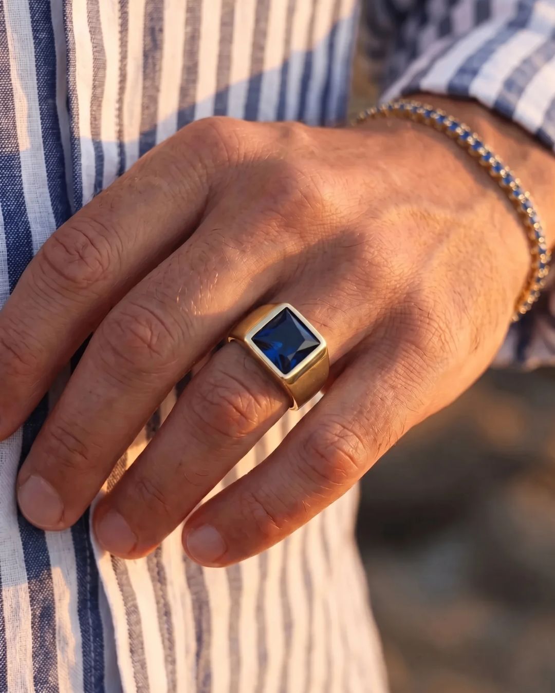 Men’s Blue Zirconia Square Signet Ring, Gold-Tone