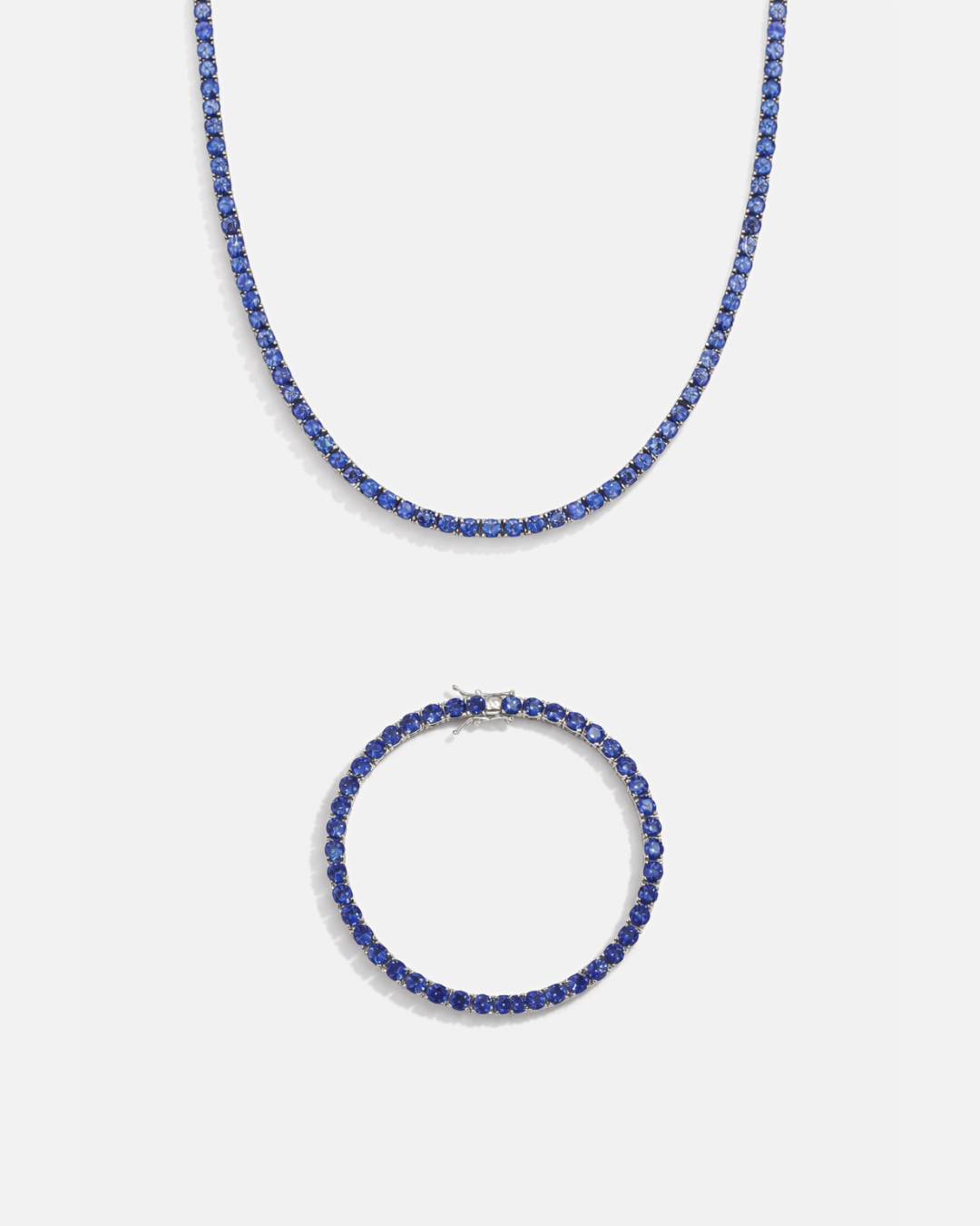 Blue Zircon Tennis Necklace and Bracelet Set, 4 mm, White-Gold-Plated
