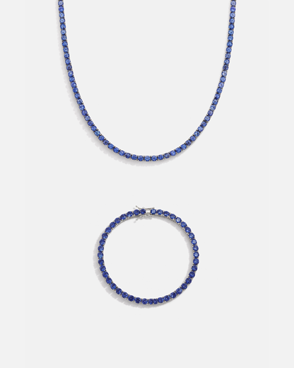 Blue Zircon Tennis Necklace and Bracelet Set, 4 mm, White-Gold-Plated
