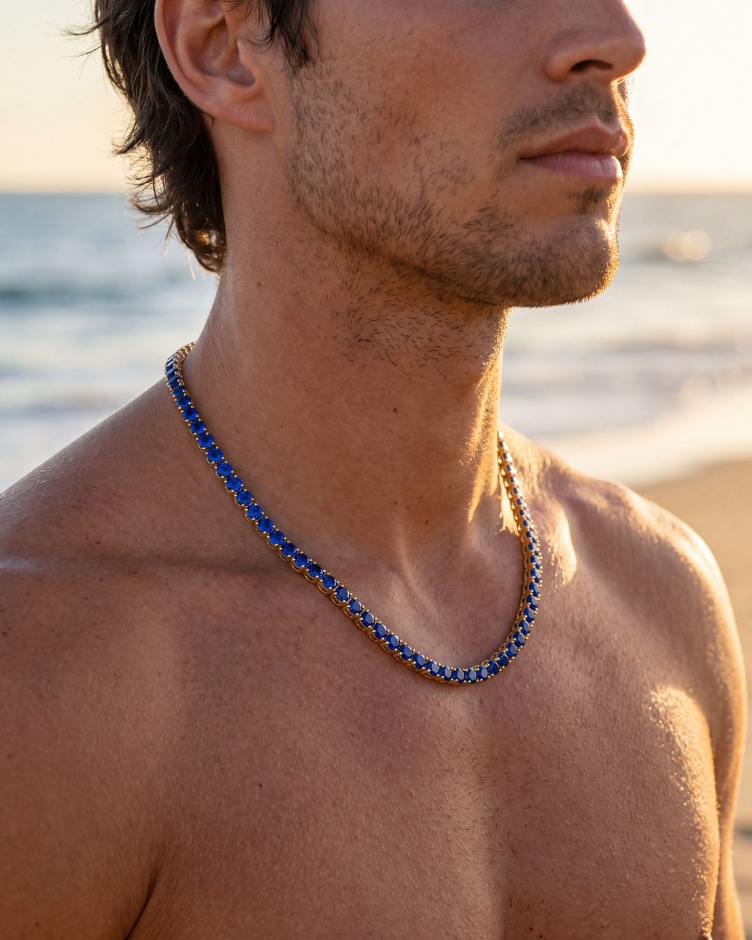 Blue Zircon Tennis Necklace and Bracelet Set, 4 mm, White-Gold-Plated
