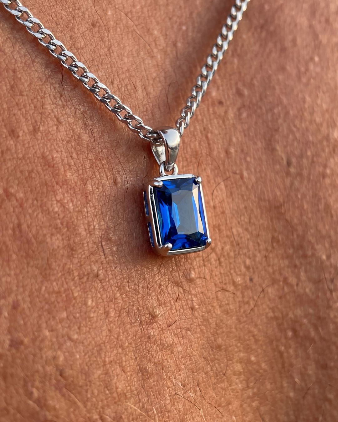 Men’s 1 ct Lab-Grown Sapphire Pendant Necklace, 925 Silver Pendant