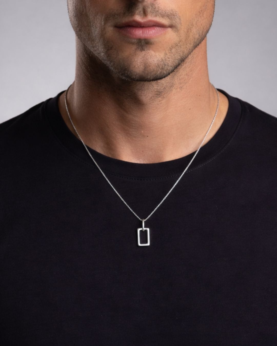 Open Rectangle Pendant Necklace, Silver-Tone Steel — Silhouette