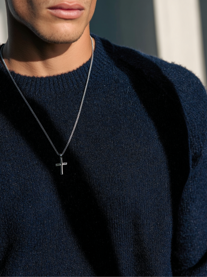 Men’s Cross Pendant Necklace, 60 cm, Platinum-Plated
