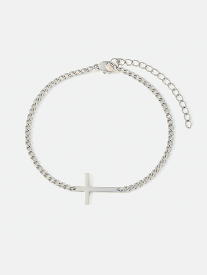 Men’s Cuban Chain Cross Bracelet, 3 mm, Platinum-Plated Steel