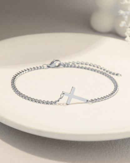 Men’s Cuban Chain Cross Bracelet, 3 mm, Platinum-Plated Steel