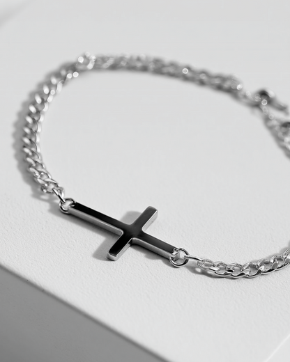 Men’s Cuban Chain Cross Bracelet, 3 mm, Platinum-Plated Steel