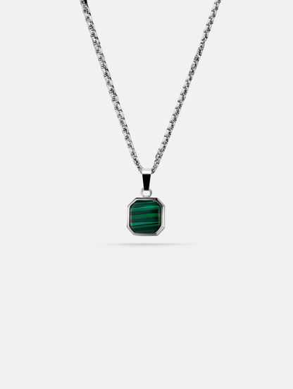 Men’s Green Malachite Pendant Necklace, Silver-Plated Steel