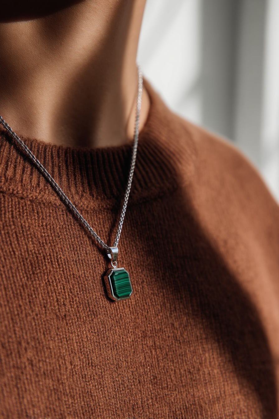 Men’s Green Malachite Pendant Necklace, Silver-Plated Steel