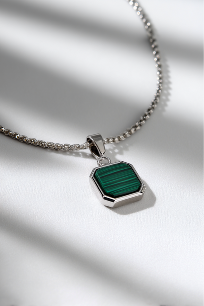 Men’s Green Malachite Pendant Necklace, Silver-Plated Steel