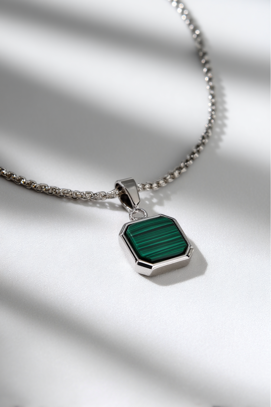 Men’s Green Malachite Pendant Necklace, Silver-Plated Steel
