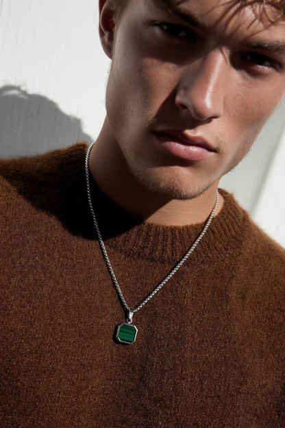Men’s Green Malachite Pendant Necklace, Silver-Plated Steel