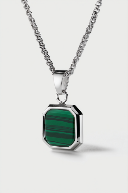 Men’s Green Malachite Pendant Necklace, Silver-Plated Steel