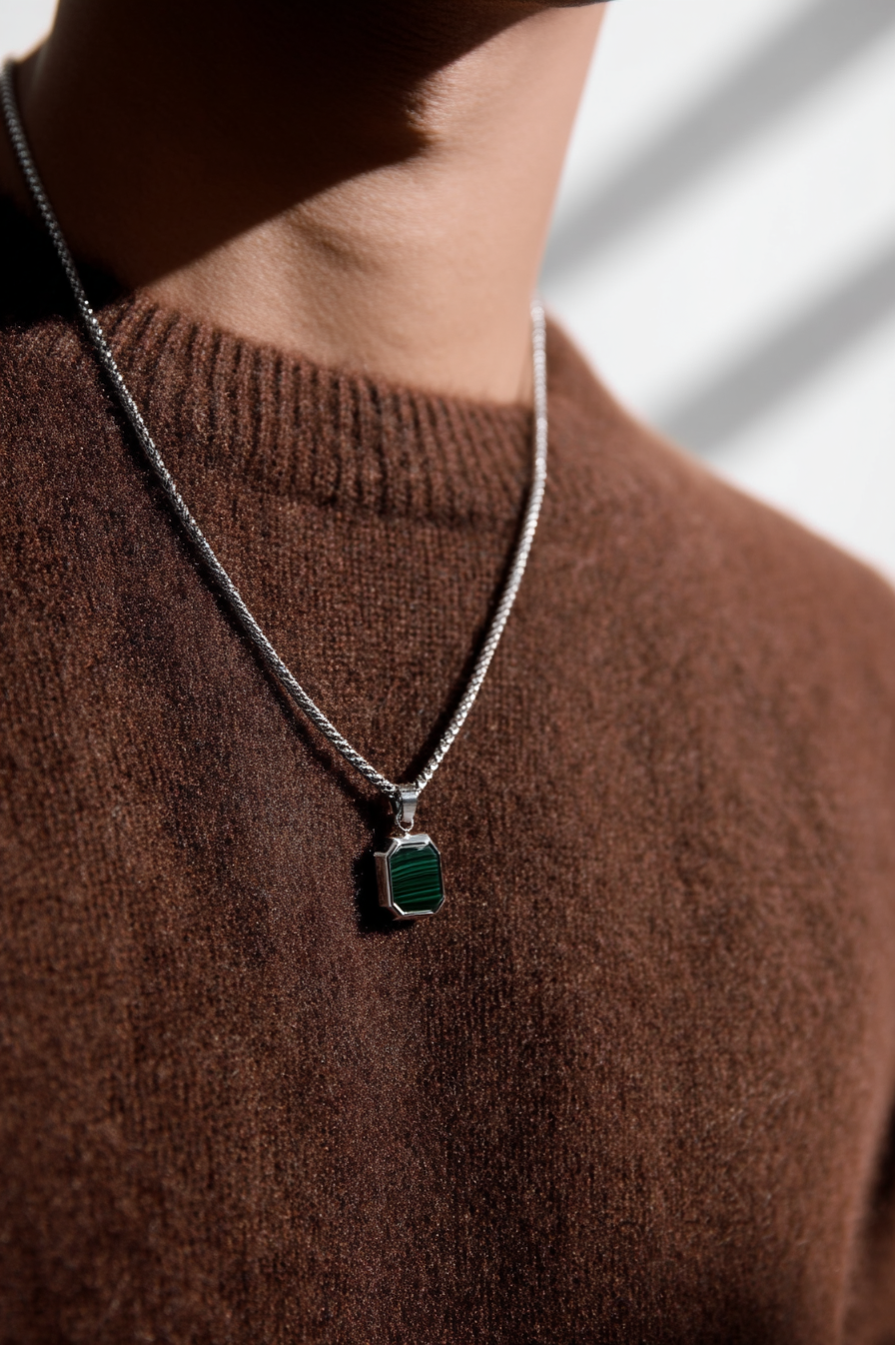 Men’s Green Malachite Pendant Necklace, Silver-Plated Steel