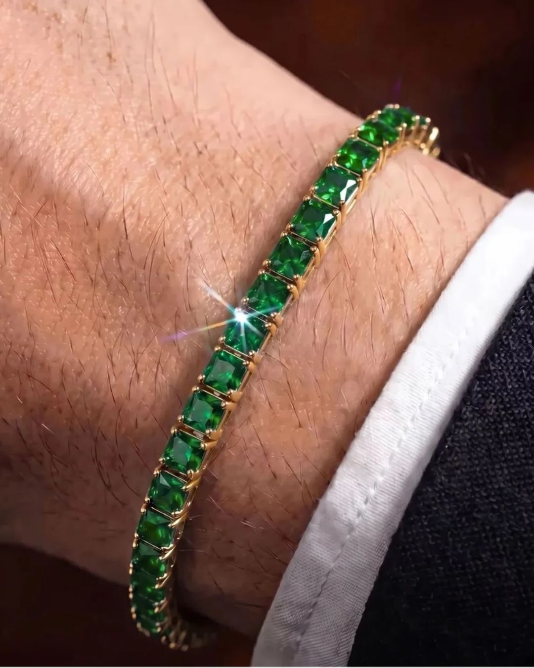 Green Square-Stone Tennis Bracelet, 4 mm, Gold-Tone Steel