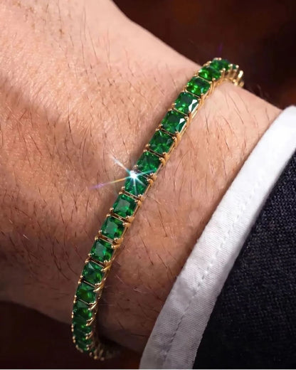 Green Square-Stone Tennis Bracelet, 4 mm, Gold-Tone Steel