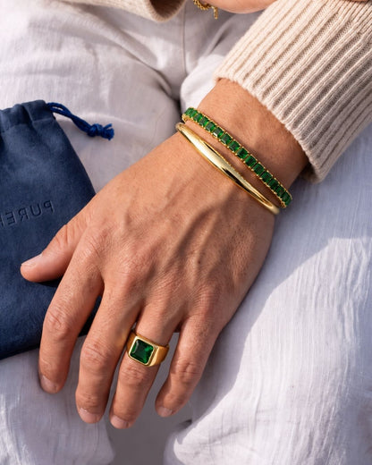 Green Square-Stone Tennis Bracelet, 4 mm, Gold-Tone Steel