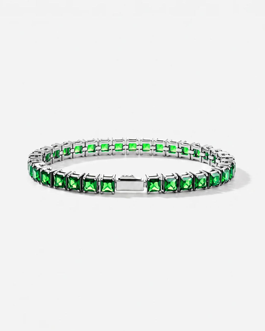 Green Square-Stone Tennis Bracelet, 5 mm, Silver-Tone Steel