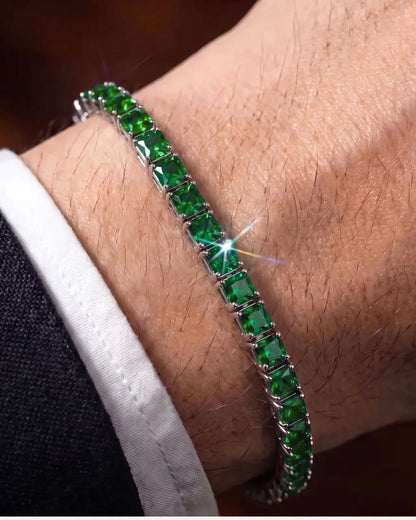 Green Square-Stone Tennis Bracelet, 5 mm, Silver-Tone Steel