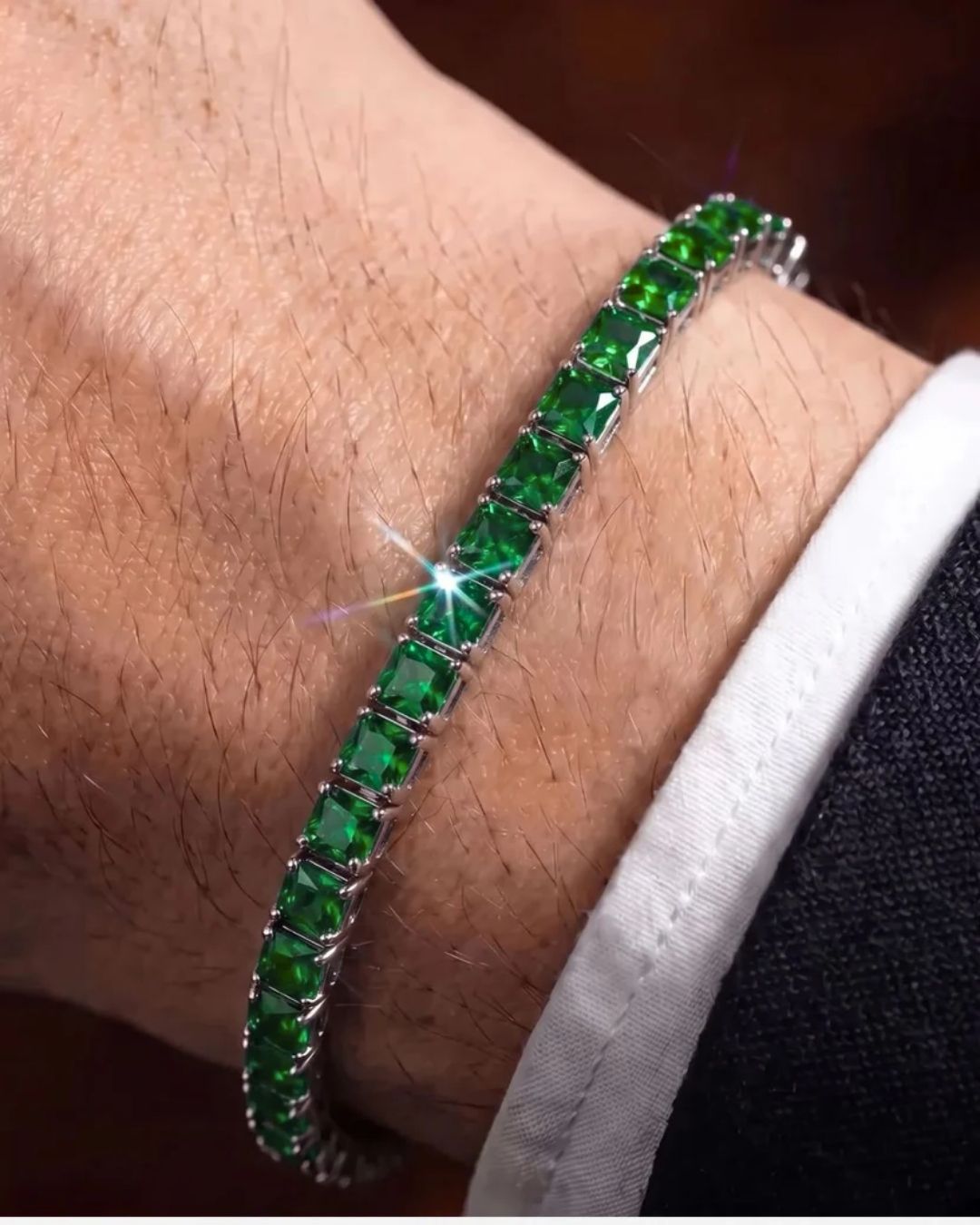 Green Square-Stone Tennis Bracelet, 4 mm, Silver-Tone Steel