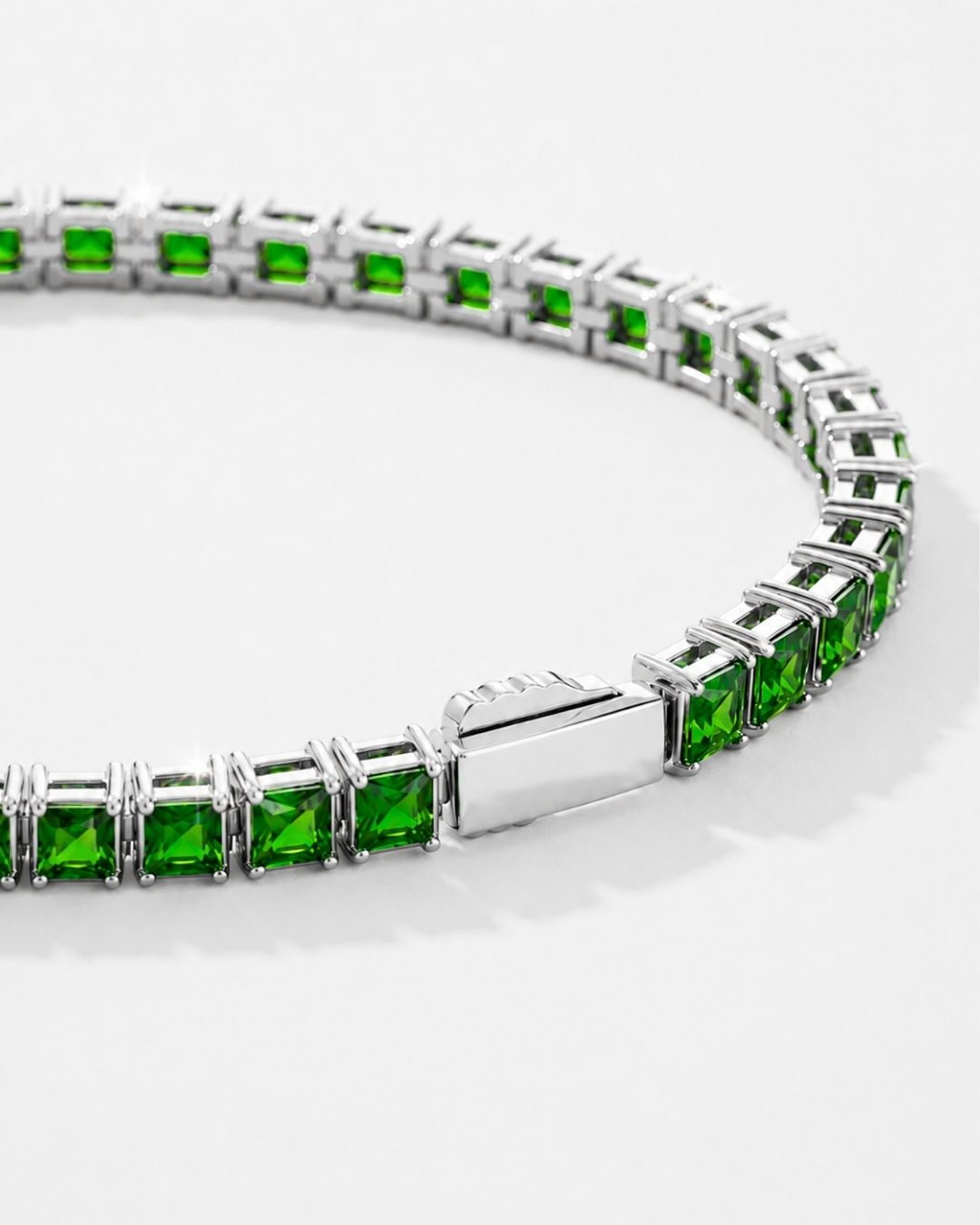 Green Square-Stone Tennis Bracelet, 4 mm, Silver-Tone Steel