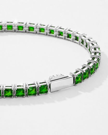 Green Square-Stone Tennis Bracelet, 4 mm, Silver-Tone Steel