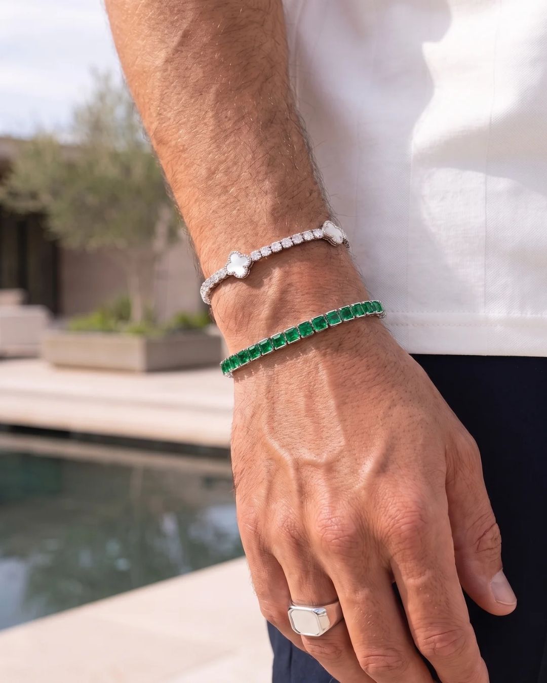 Green Square-Stone Tennis Bracelet, 4 mm, Silver-Tone Steel